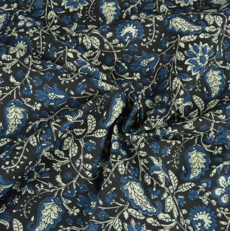 Tissu Indien Block Print Balaram motif fleurs fond noir