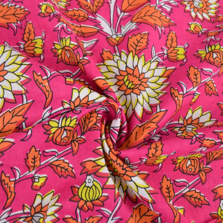 Tissu Indien Block Print Ilanth fond fuchsia - kalamkari