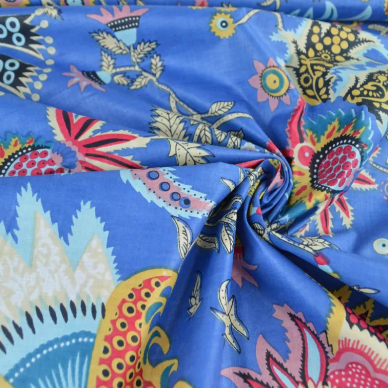 Tissu Indien Block Print Prayan fond Bleu - kalamkari