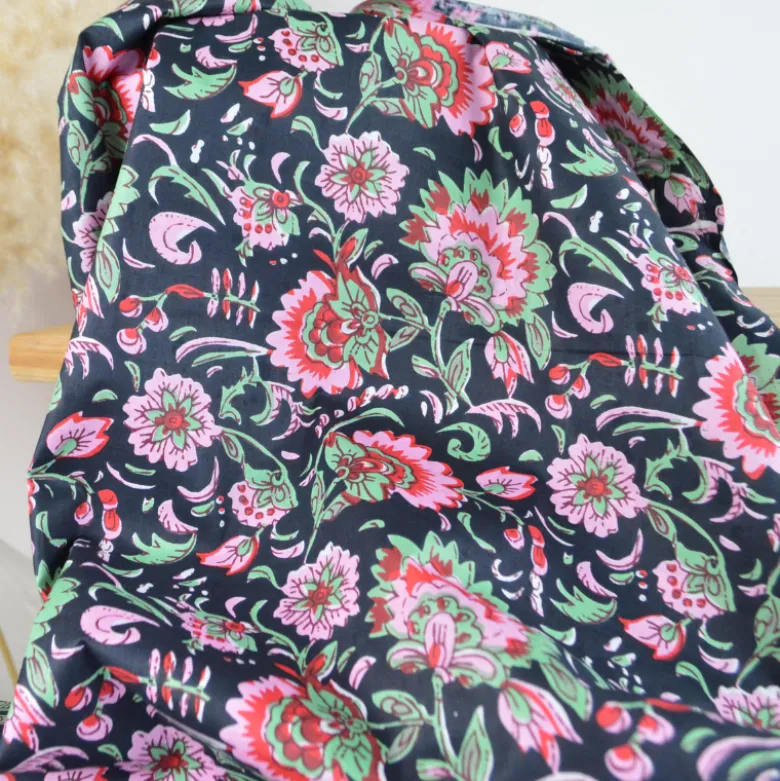 Tissu Indien Block Print Sahen fond Noir - kalamkari