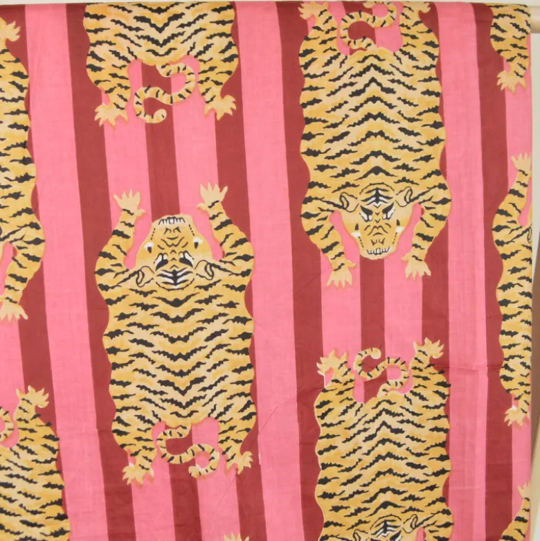 Tissu Indien Block Tigres - rose et lie de vin