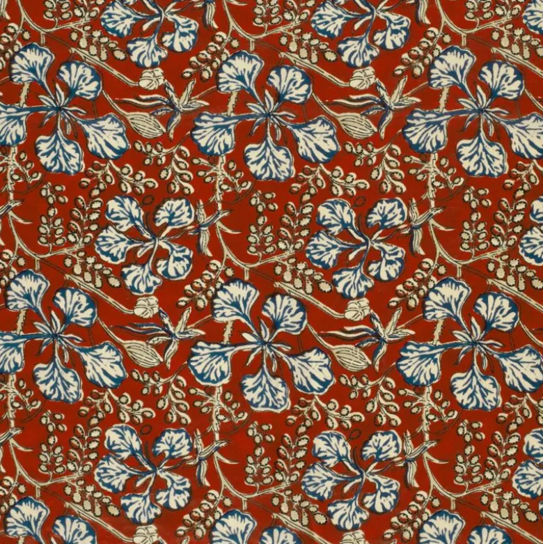 Tissu indien en voile de coton – Motif floral Chandani bleu sur fond rouge profond