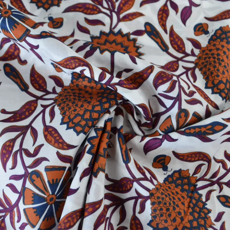 Tissu indien en voile de coton Mandawa – Motif fleurs Cognac