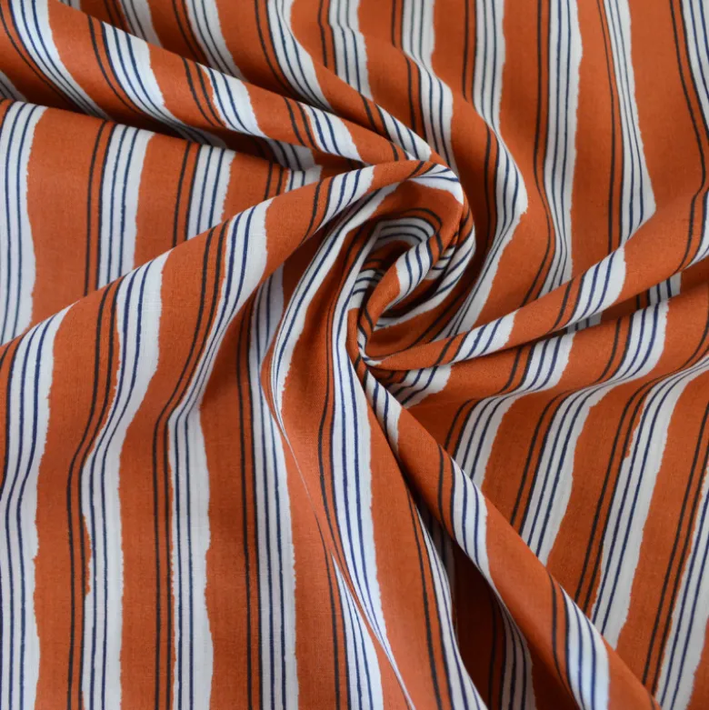 Tissu indien en voile de coton Lachung – Motif rayures Cognac