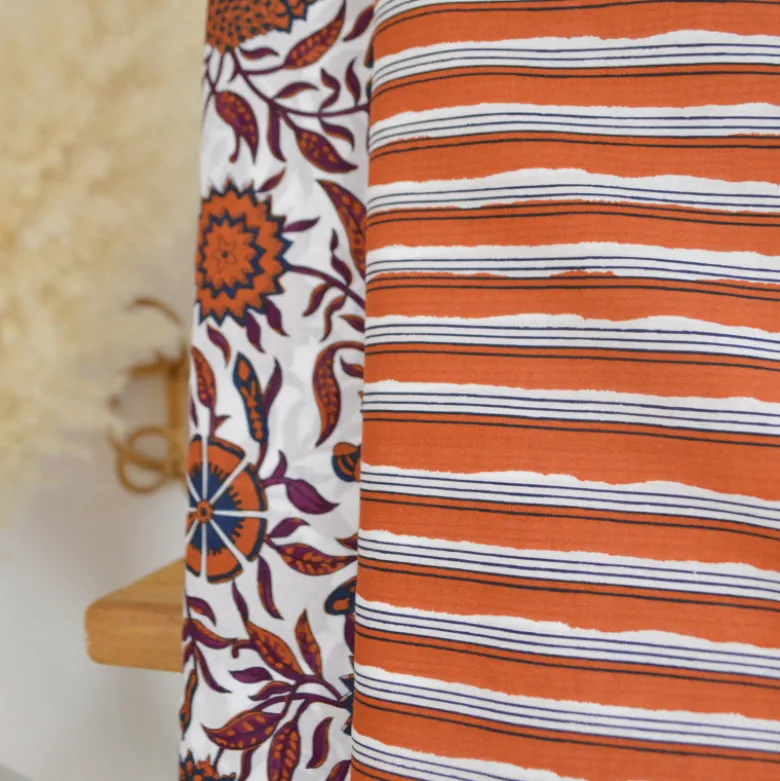 Tissu indien en voile de coton Lachung – Motif rayures Cognac