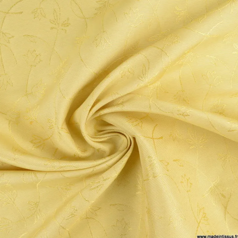Tissu Jacquard dessin fleurs lierre moutarde