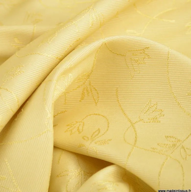 Tissu Jacquard dessin fleurs lierre moutarde