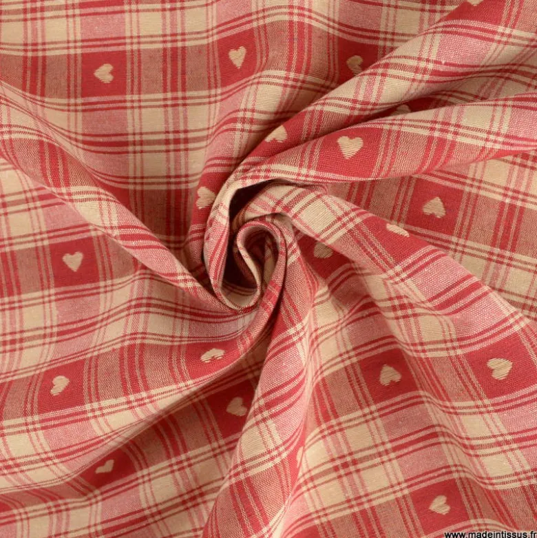 Tissu Jacquard Ecrins à carreaux et petits coeurs rouge