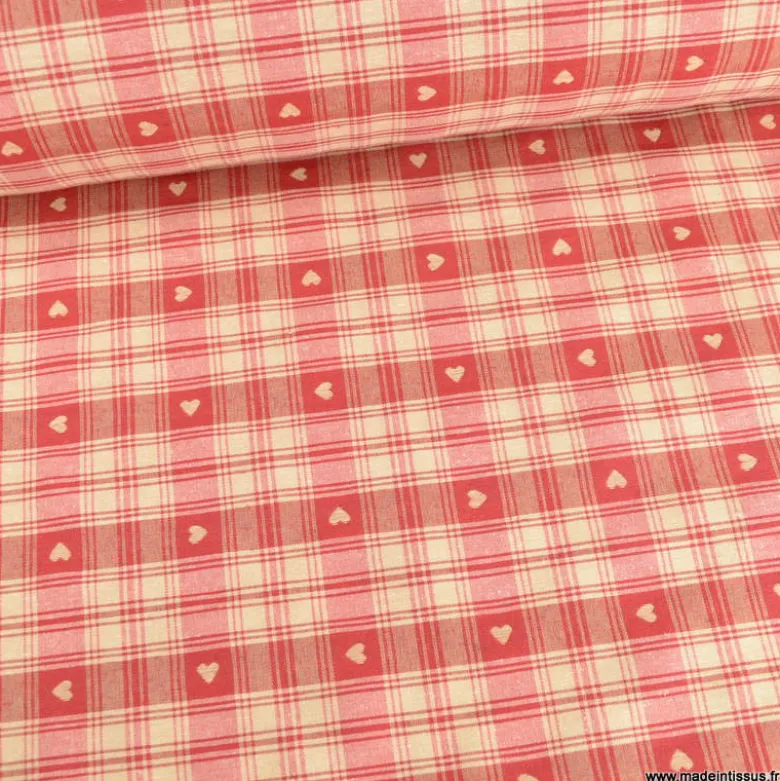 Tissu Jacquard Ecrins à carreaux et petits coeurs rouge