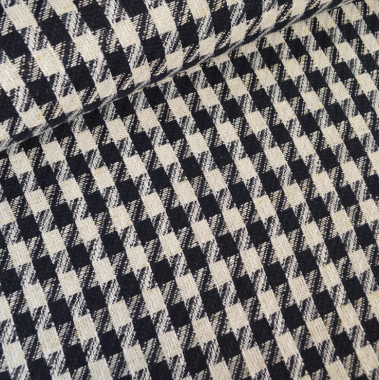 Tissu jacquard effet tweed motif pied-de-poule Bleu avec fil lurex doré