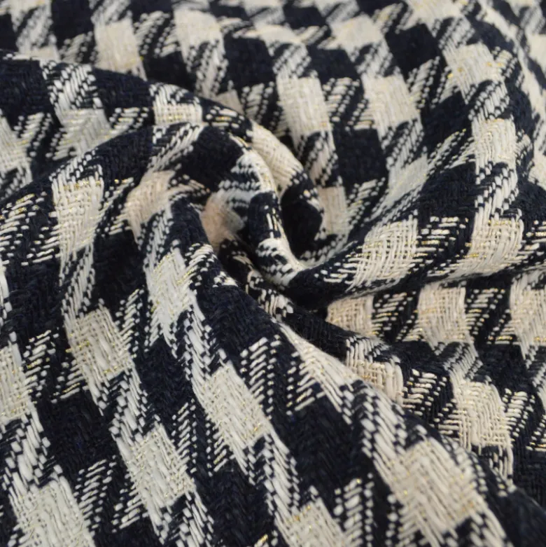 Tissu jacquard effet tweed motif pied-de-poule Bleu avec fil lurex doré