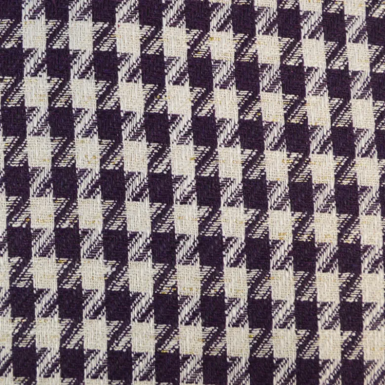 Tissu jacquard effet tweed motif pied-de-poule violet avec fil lurex doré