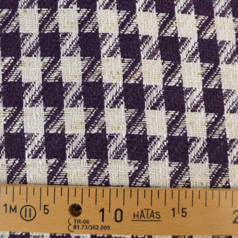 Tissu jacquard effet tweed motif pied-de-poule violet avec fil lurex doré