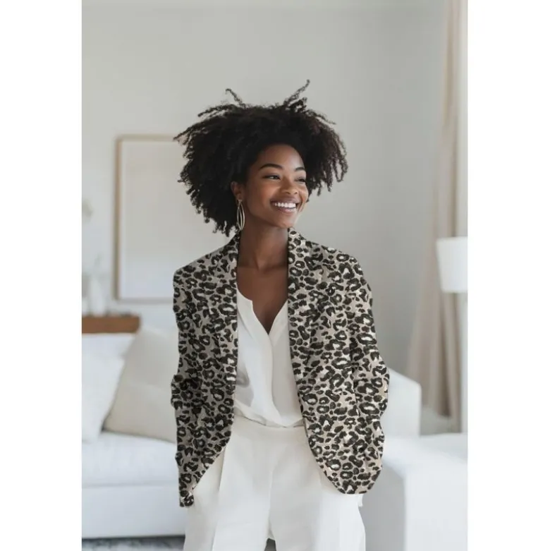 Tissu jacquard Habillement Leopard noir et doré fond beige