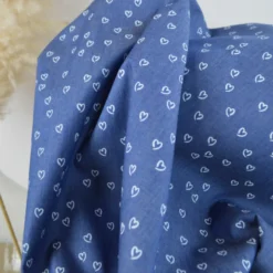Tissu Jean Denim chambray fin motif coeurs