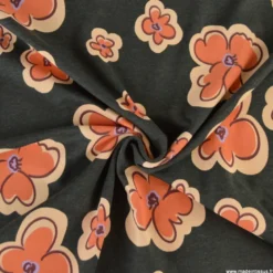 Tissu jersey coton Poppy motif fleurs orange sur fond noir