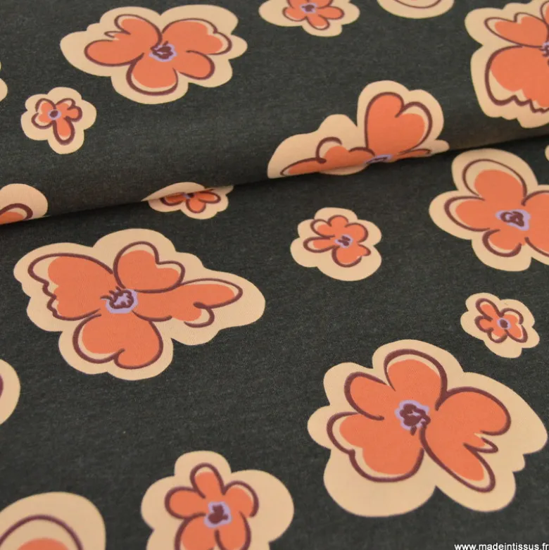 Tissu jersey coton Poppy motif fleurs orange sur fond noir
