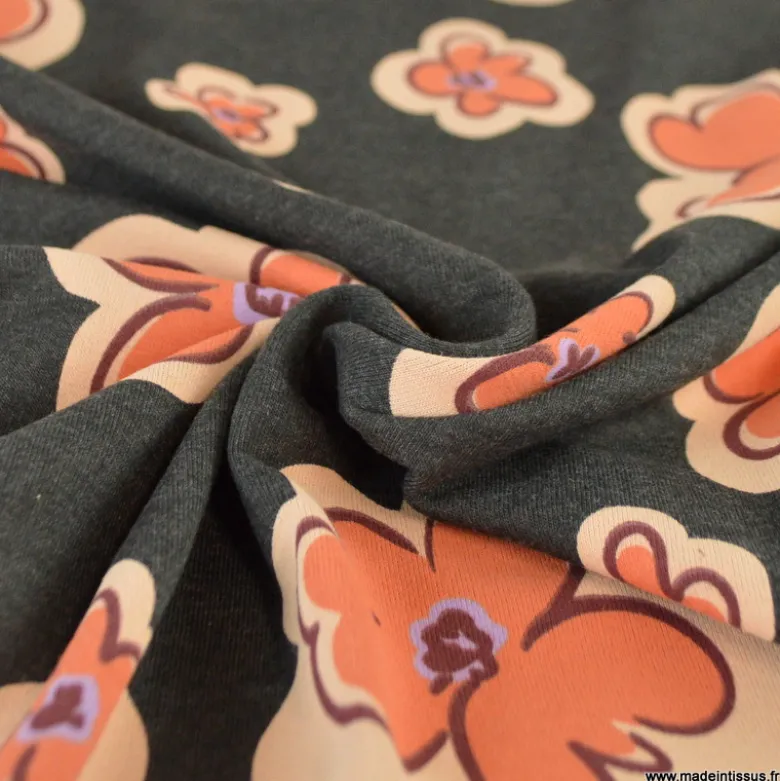 Tissu jersey coton Poppy motif fleurs orange sur fond noir
