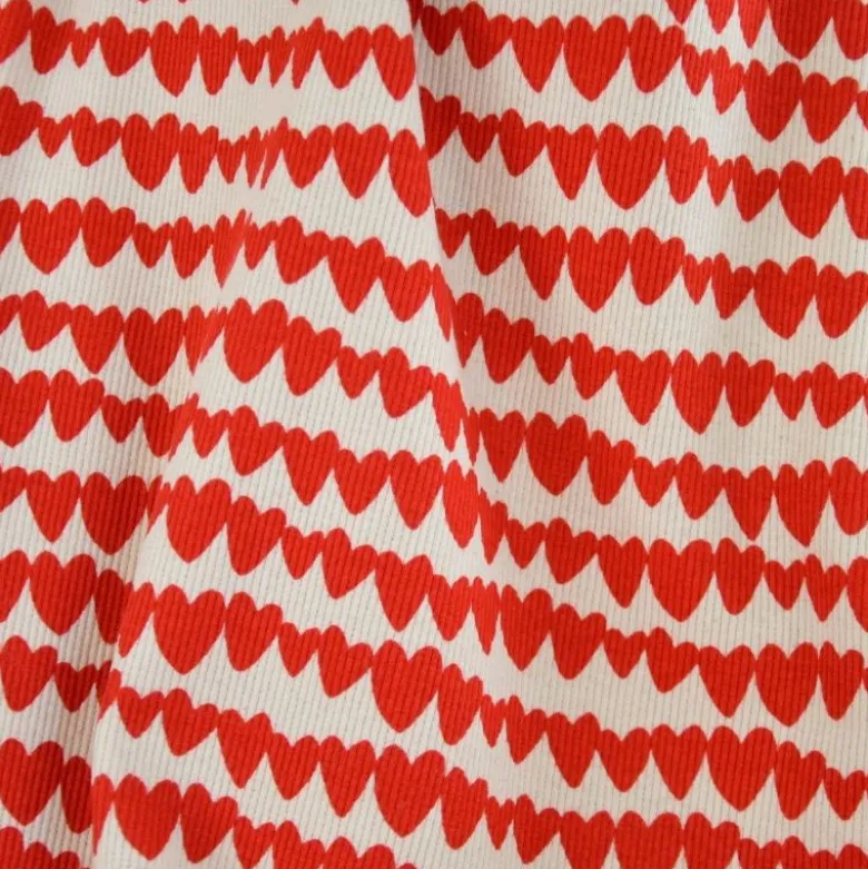 Tissu jersey côtelé bio motif coeurs rouges fond naturel - Poppy fabrics