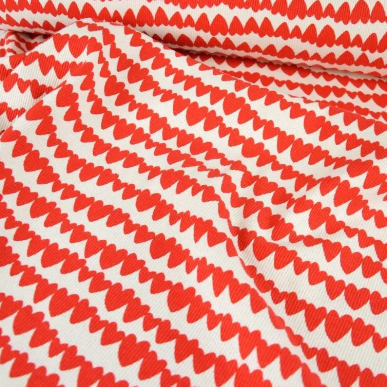 Tissu jersey côtelé bio motif coeurs rouges fond naturel - Poppy fabrics