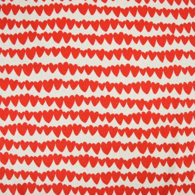 Tissu jersey côtelé bio motif coeurs rouges fond naturel - Poppy fabrics