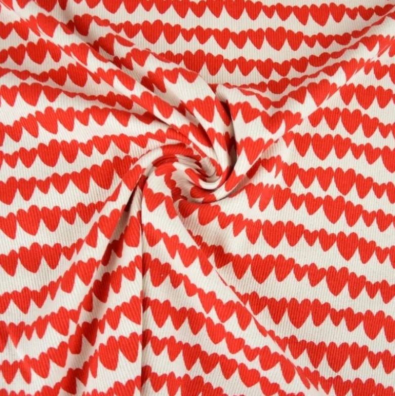 Tissu jersey côtelé bio motif coeurs rouges fond naturel - Poppy fabrics