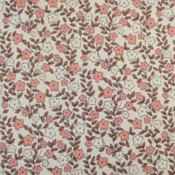 Tissu jersey côtelé bio motif fleurs roses et caramel fond naturel