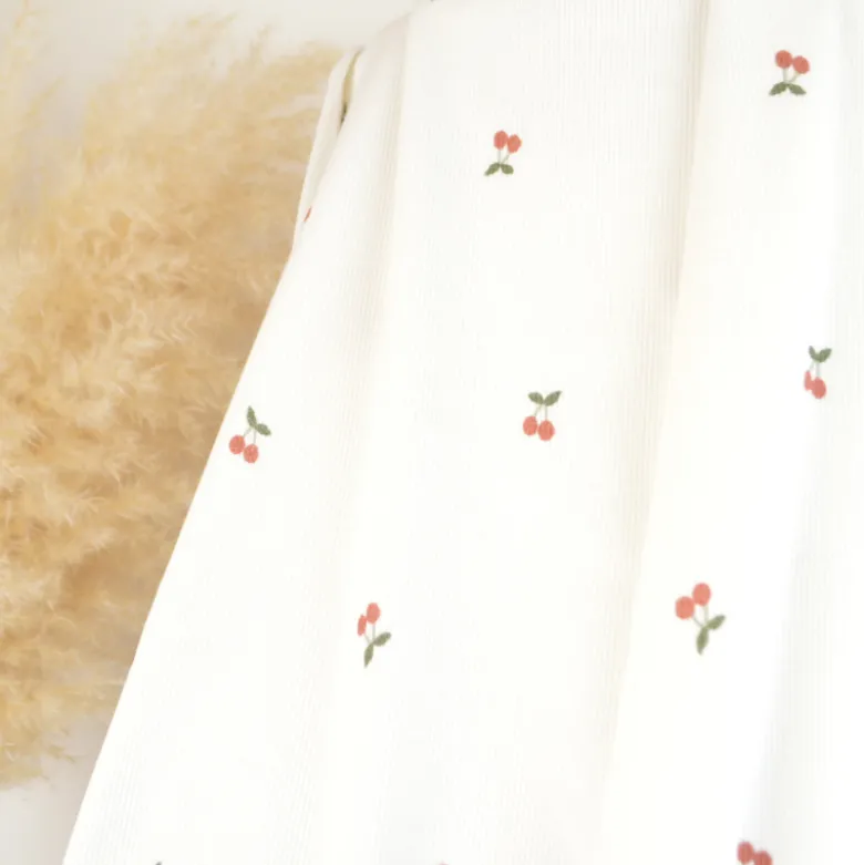 Tissu jersey côtelé fines côtes – Motif cerises fond blanc cassé - OEKO TEX