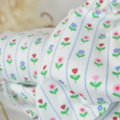 Tissu jersey côtelé petites fleurs et rayures fond blanc