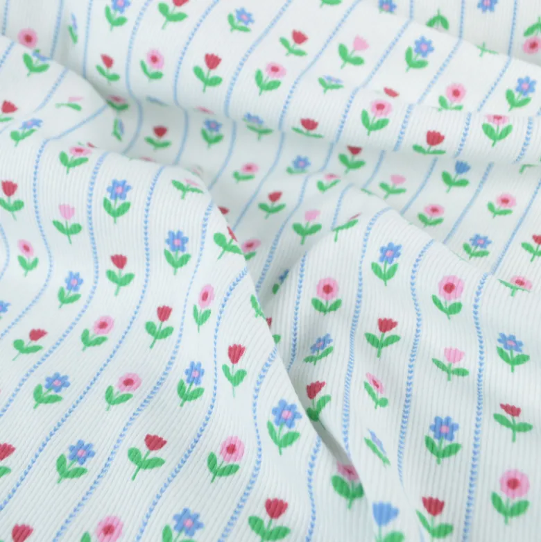 Tissu jersey côtelé petites fleurs et rayures fond blanc