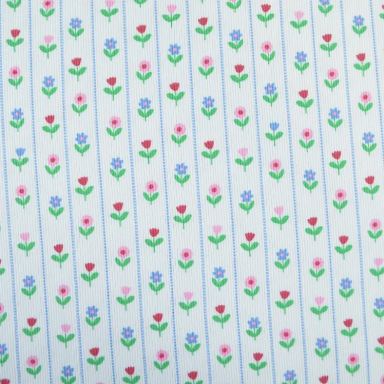 Tissu jersey côtelé petites fleurs et rayures fond blanc