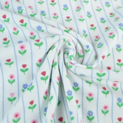 Tissu jersey côtelé petites fleurs et rayures fond blanc