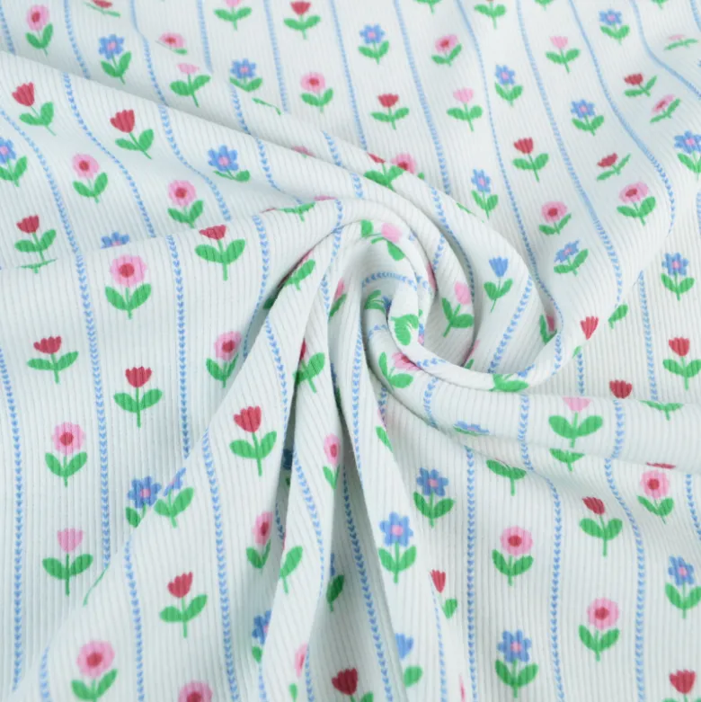Tissu jersey côtelé petites fleurs et rayures fond blanc