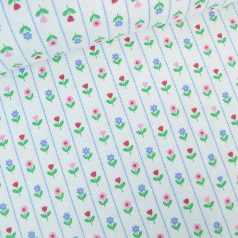 Tissu jersey côtelé petites fleurs et rayures fond blanc