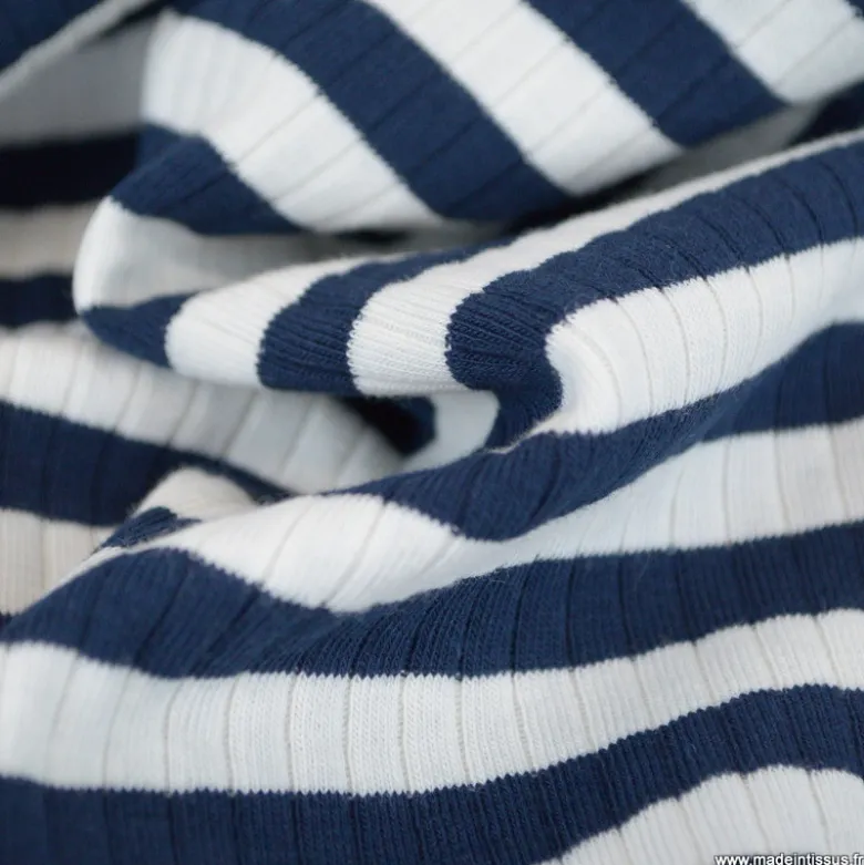 Tissu jersey côtelé à rayures bleu marine et blanc - OEKO TEX