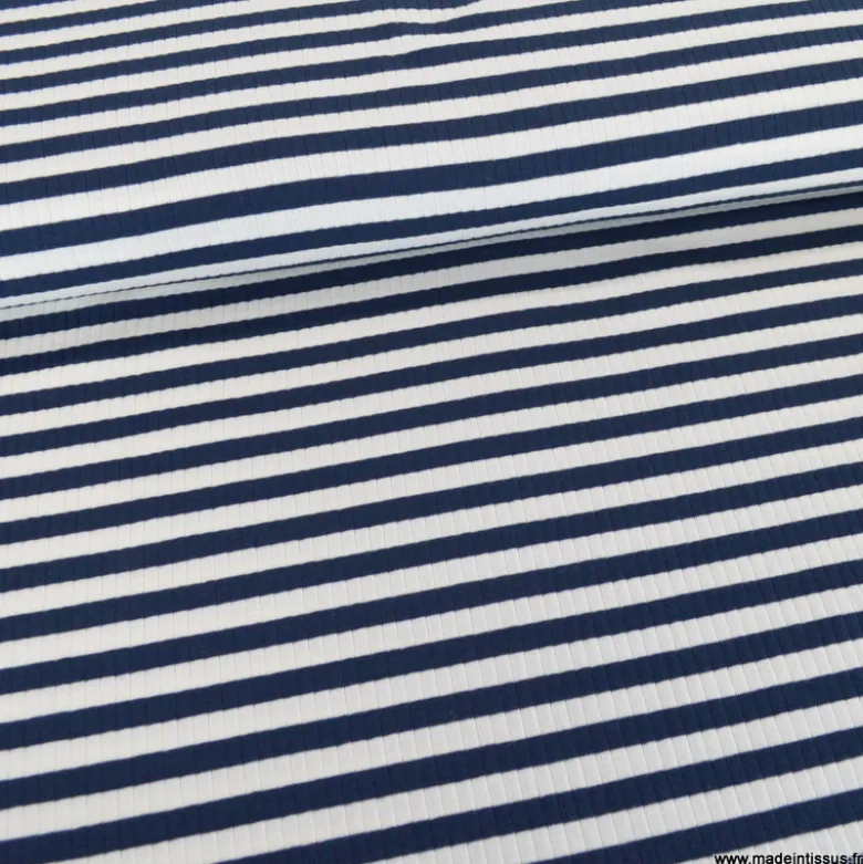 Tissu jersey côtelé à rayures bleu marine et blanc - OEKO TEX