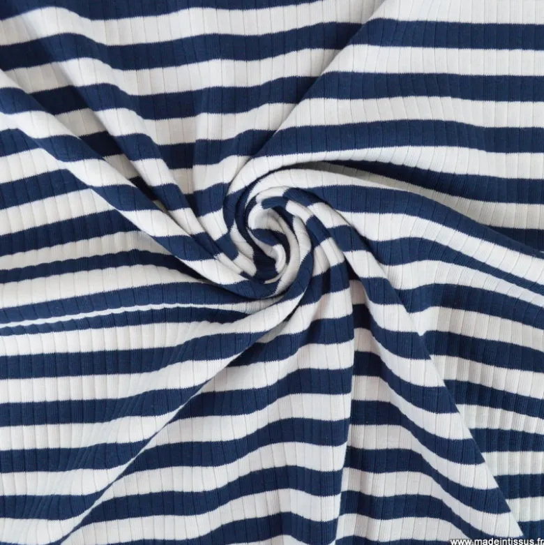 Tissu jersey côtelé à rayures bleu marine et blanc - OEKO TEX