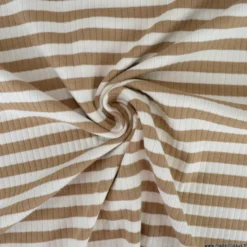 Tissu jersey côtelé à rayures Camel et blanc - OEKO TEX