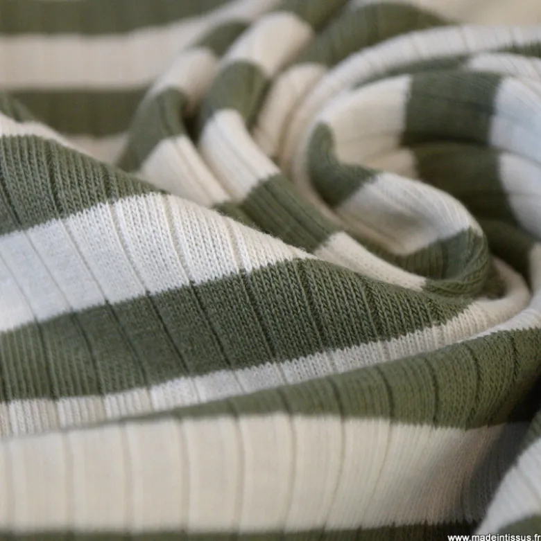 Tissu jersey côtelé à rayures kaki et blanc - OEKO TEX