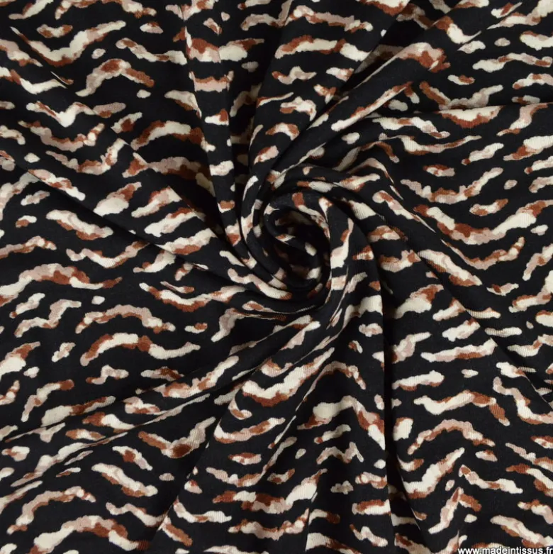 Tissu Jersey de Viscose – Imprimé Zèbre Marron & Écru sur Fond Noir