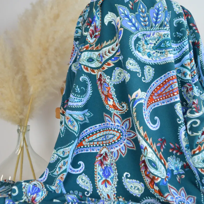 Tissu Jersey de Viscose – Motif paisley fond pétrole - OEKO TEX