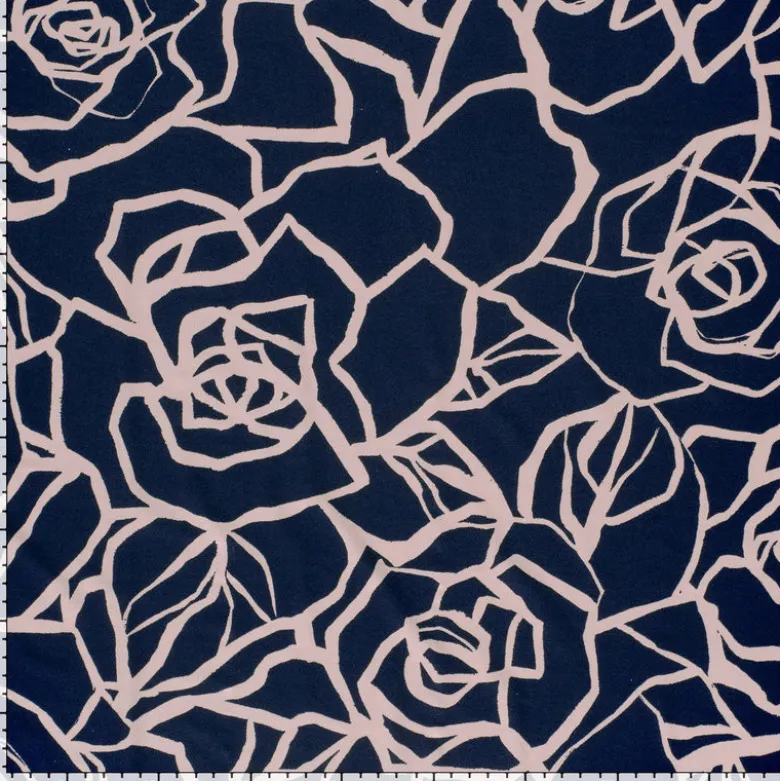 Tissu Jersey de Viscose Vortex motifs fleurs fond marine - OEKO TEX