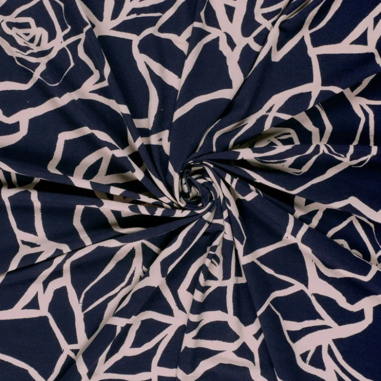 Tissu Jersey de Viscose Vortex motifs fleurs fond marine - OEKO TEX