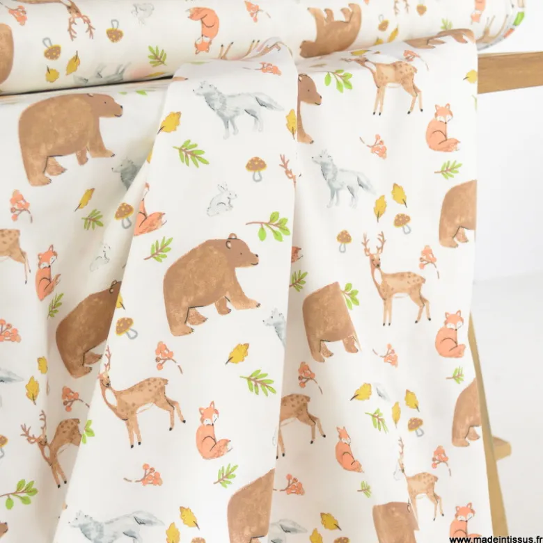 Tissu jersey motif animaux de la foret - OEKO TEX