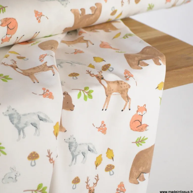 Tissu jersey motif animaux de la foret - OEKO TEX