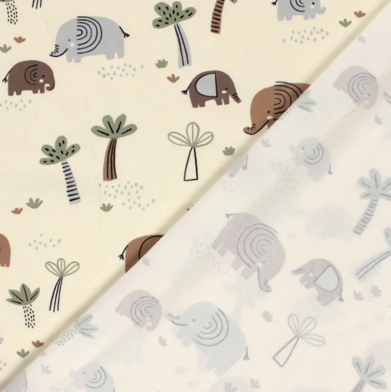 Tissu jersey motif éléphants et palmiers fond beige - OEKO TEX