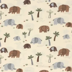 Tissu jersey motif éléphants et palmiers fond beige - OEKO TEX