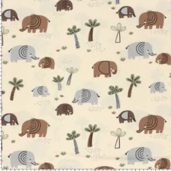 Tissu jersey motif éléphants et palmiers fond beige - OEKO TEX