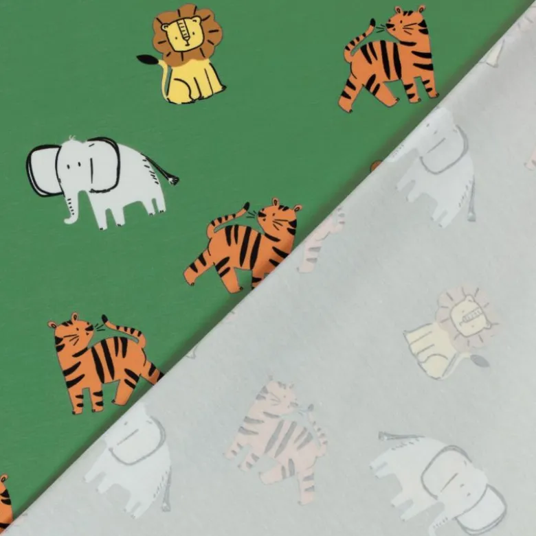 Tissu Jersey motif éléphants, tigres et lions fond vert - OEKO TEX