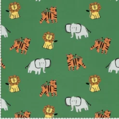 Tissu Jersey motif éléphants, tigres et lions fond vert - OEKO TEX